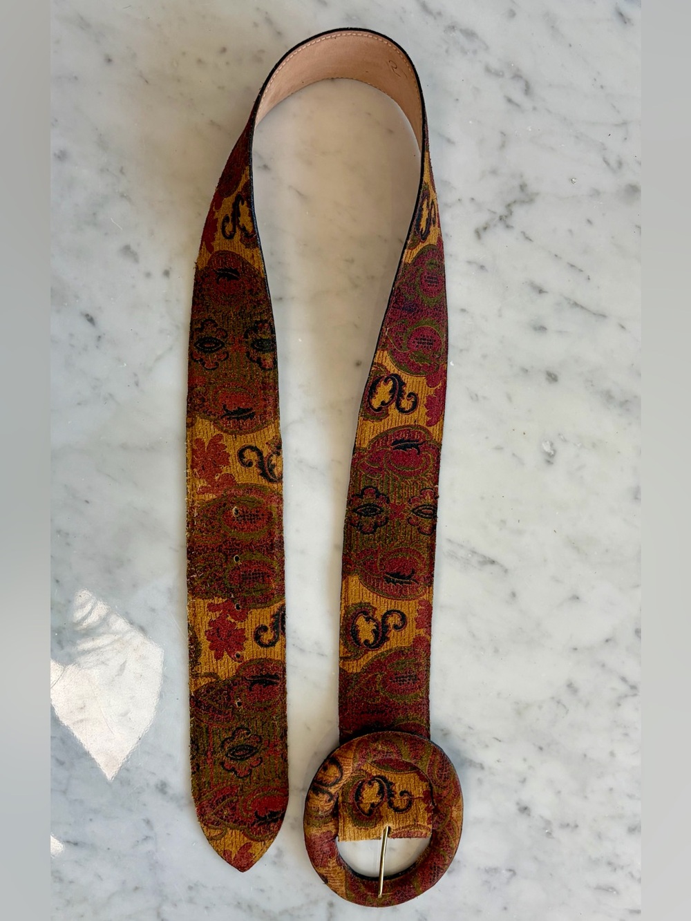 Jenny& The Boys Leather & Tapestry Paisley 2” W Belt, Oval Buckle, brown/grn, M - Picture 3 of 8